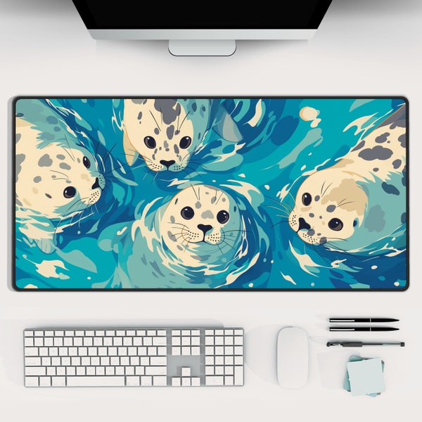 Kawaii Animal Desk Mat with Cute Spotted Seals | Blue Ocean Mousepad, Marine Mammal Desk Pad, Adorable Desk Accessory, Seal Lover Gift