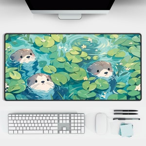 Kawaii Animal Desk Mat with Cute River Otters, Adorable Chibi Aesthetic Mousepad | Large Blue & Green Gaming Desk Pad | Otter Lover Gift
