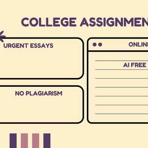 Pode incluir: Um fundo amarelo com uma ilustração em preto e branco de um planejador de tarefas universitárias. O planejador tem quatro seções: Urgent Essays, No Plagiarism, Online Classes e AI Free. O planejador é decorado com uma flor roxa, um rosto sorridente e uma estrela roxa.