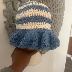 Striped Crochet Wavy Trim Bucket Hat