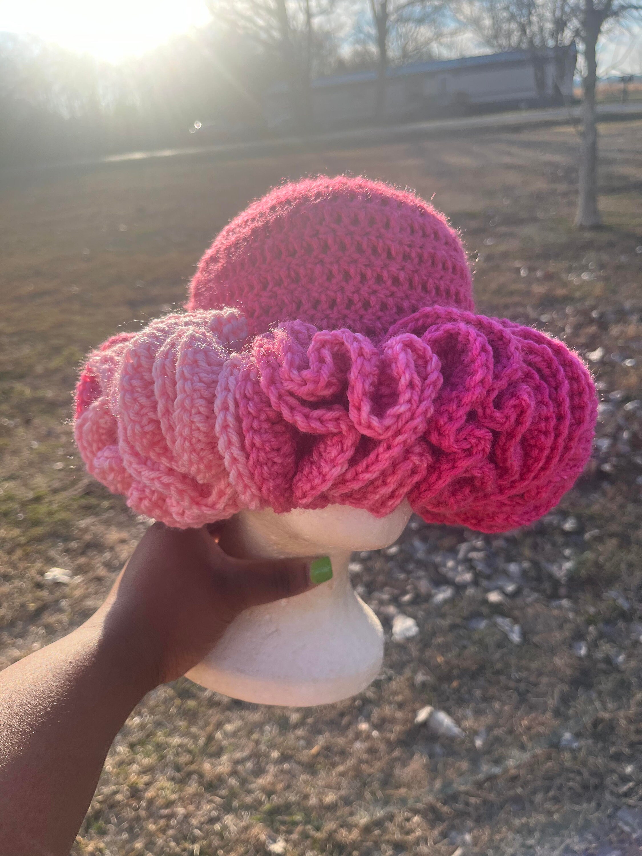 Stylish Pink Crochet Hat Star Busrt - Crochet Ruffle Hat, Crochet Beanie, Fall  main image 4