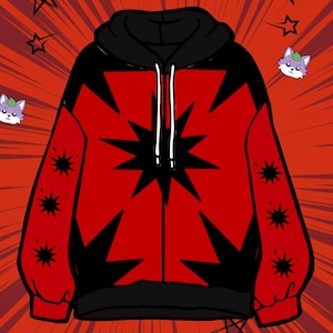 May include: A red and black hoodie with a starburst design. The hoodie has a black hood and a zip closure. The starburst design is on the front and sleeves of the hoodie.