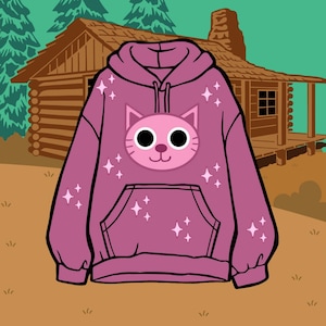 May include: A pink hoodie featuring a cartoon cat design and sparkly details. The hoodie has a large pocket on the front and a drawstring hood.