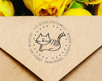 Custom Cat Return Address Stamp | Personalized Family Name Rubber Stamp