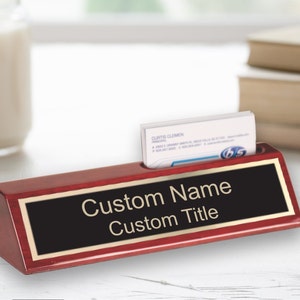 Personalized Name Plate, Boss and Coworker Gift, Office Desk Engraved Sign, Executive Custom Wood Desk Decor with Business Card Slot Present