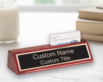 Personalized Wood Desk Name Plate: Engraved Office Decor with Business Card Holder