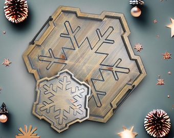 Wood Snowflake Serving Tray with Metal Handles & Centerpiece Plate