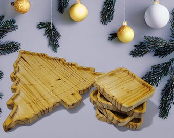 Christmas Tree Wood Serving Tray with Present Appetizer Plates