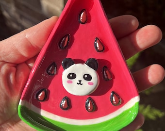 Watermelon Panda Air Dry Clay Trinket Tray Handmade Jewelry Ring Dish  Storage Cute Kawaii