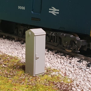 May include: A gray metal electrical box with a door, standing next to a model train. The train is blue and yellow with the number 9006 on the side.