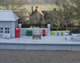 OO Gauge Model Railway Set: Hand-Painted Telephone Box, Post Box & Bench
