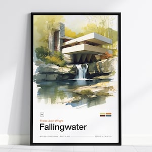 Könnte beinhalten: Gerahmter Kunstdruck von Fallingwater, einem architektonischen Meisterwerk von Frank Lloyd Wright. Das Bild im Aquarellstil zeigt das Haus über einem Wasserfall, mit Text am unteren Rand. Der Druck ist in einem schwarzen Rahmen.