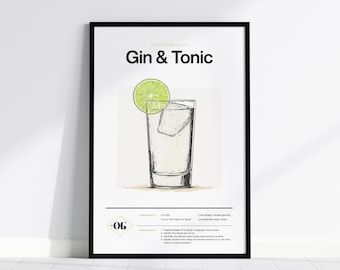 Gin & Tonic Recipe Poster: Minimalist Cocktail Art, Bar Cart Decor
