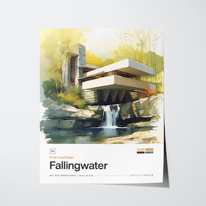 Fallingwater Digital Download – Frank Lloyd Wright Printable Architecture Poster, Mid-Century Modern Wall Art for Home or Studio