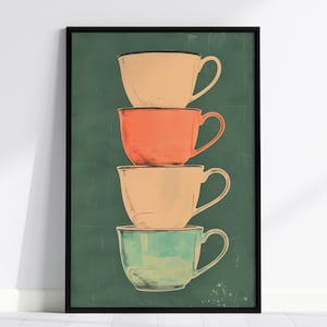 May include: A framed vertical wall art print featuring a stack of four teacups centered on a dark green background. The cups are arranged vertically, colored in shades of cream, coral, light beige, and light teal, each with a handle on the right side.