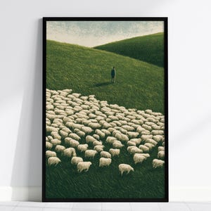 Shepherd Counts Flock Poster: Green Folk Illustrative Border Collie Art Print, Framed or Unframed