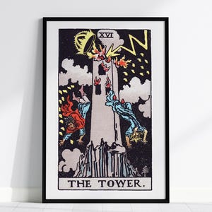 Può includere: Stampa artistica incorniciata della carta dei tarocchi La Torre. L'immagine raffigura una torre colpita da un fulmine, con figure che cadono. L'opera d'arte è in stile vintage, con un bordo nero e il titolo "THE TOWER" in basso.