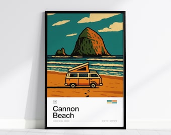 May include: A framed art print featuring a retro illustration of Cannon Beach, Oregon. The artwork depicts a vintage camper van on a sandy beach with a large rock formation in the background. The text "Cannon Beach" is displayed at the bottom.