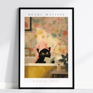 Schwarze Katze Badezimmer Wandkunst - Henri Matisse Paris Druck, Florales Badewannendekor, lesende Katze Poster, wunderliche Vintage Kunst für Zuhause