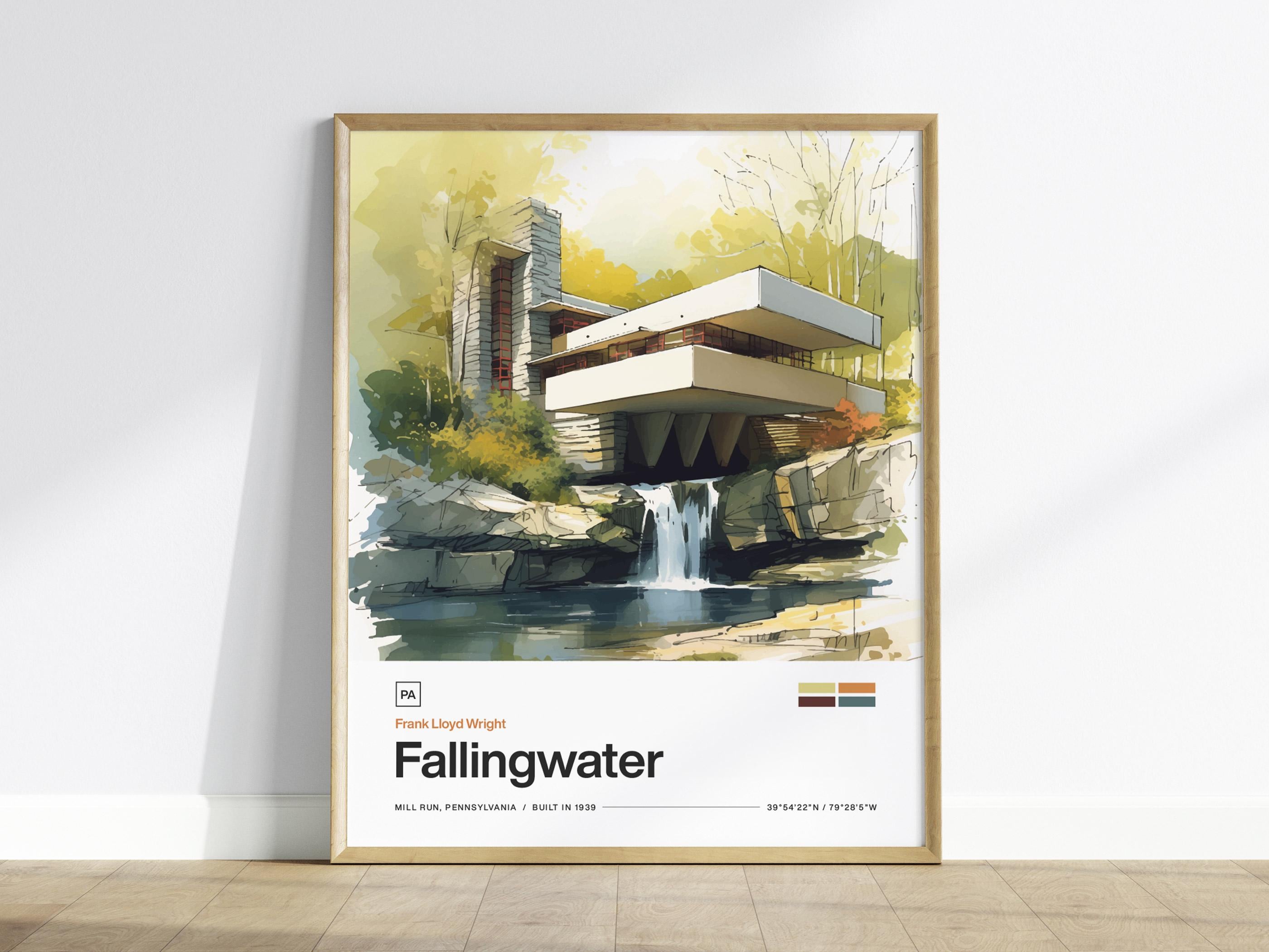Fallingwater Poster | Frank Lloyd Wright Architecture Watercolor Art PA ...