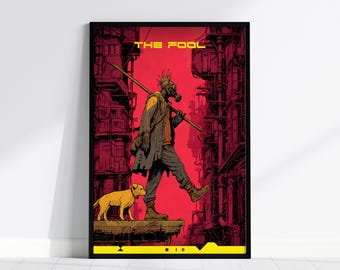 Cyberpunk Tarot Card Poster: The Fool - Futuristic Dystopian Art