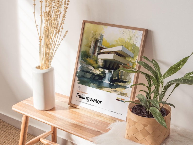 Fallingwater Poster | Frank Lloyd Wright Architecture Watercolor Art PA ...