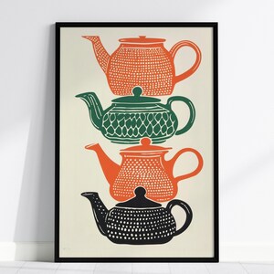 Stacked Teapots Poster: Burnt Orange Screen Print Art Print, Kitchen, Framed or Unframed