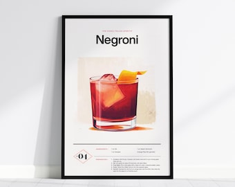 Poster con ricetta del cocktail Negroni: arte minimalista da bar, drink al gin e Campari