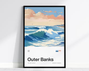 May include: A minimalist poster with a graphic illustration of ocean waves crashing on a beach. The poster has a black frame and the text "Outer Banks, O.B.X. North Carolina, 35.9846° N 75.5819° W" at the bottom.