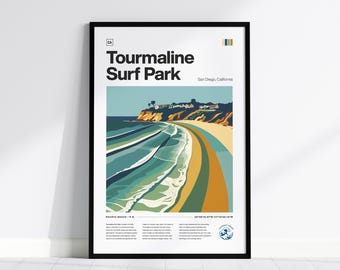 May include: A colorful illustration of Tourmaline Surf Park in San Diego, California. The image shows a beach with waves crashing on the shore, a cliff with houses, and a blue sky. The text "Tourmaline Surf Park" is in bold black letters at the top of the image.