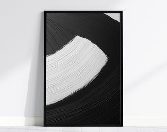 Zwart-wit abstracte penseelstreekkunstdruk: minimalistisch modern muurdecor