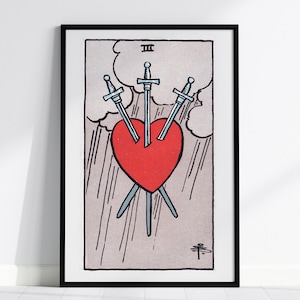 Three of Swords Tarot Print: Waite Smith Art, Witchy Occult Decor