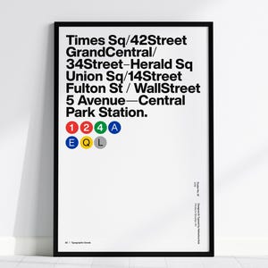 Pode incluir: Um cartaz de mapa de metro preto e branco com o texto "Times Sq/42Street GrandCentral/ 34Street-Herald Sq Union Sq/14Street Fulton St/WallStreet 5 Avenue-Central Park Station." O cartaz também inclui um conjunto de círculos de linha de metro coloridos com os números 1, 2, 4 e a letra A, e as letras E, Q e L.