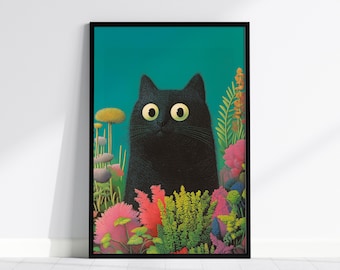 Póster de gato negro / Impresión artística botánica de jardín, regalo para amantes de los gatos