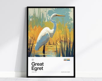 Silberreiher Poster - Minimaler Vogeldruck von Ardea alba, Küstenwandkunst für Vogelbeobachter, gerahmt oder ungerahmt, tolles Bürodekor