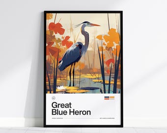 Graureiher-Vogelposter - Moderne Wildtier-Wandkunstdruck, gerahmt oder ungerahmt, von der Natur inspiriertes Dekor für Vogelbeobachter,