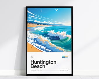 May include: A colourful illustration of Huntington Beach, California, with a blue ocean, white waves, and a sandy beach. The text "Huntington Beach" is printed in black below the image, with the words "Orange County, California" and "33.6345° N | 118.0171° W" printed in smaller font below the text.