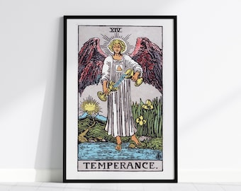 May include: Framed print of the Temperance tarot card. The image features a figure with wings, holding two golden vessels, with water flowing between them. The artwork is in a vintage style, with the word "TEMPERANCE" at the bottom.