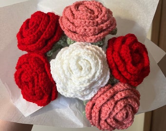 Bouquet de roses au crochet / 6 bouquets de roses / Roses au crochet / Composition florale faite main / Cadeau pour la fête des mères / Cadeau fait main / Fleurs au crochet /