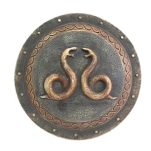 Op de afbeelding: Een rond, bronzen schild met een decoratieve rand en twee in elkaar gevlochten slangen in het midden. De slangen kijken elkaar aan met hun koppen omhoog.