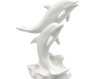 Two Dolphins on Waves Alabaster Sculpture: Ancient Greece Poseidon Marine Decor