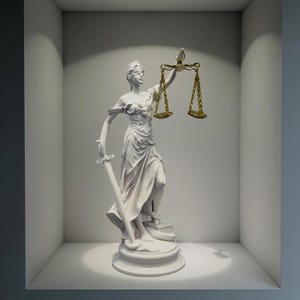 Puede incluir: Estatua blanca de la Justicia, con los ojos vendados, sosteniendo una espada y una balanza. Las balanzas son doradas. La estatua está en una vitrina blanca.