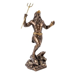 May include: Bronze statue of Poseidon, the Greek god of the sea, holding a trident and a seashell. The statue features intricate details, including a crown, beard, and a belt. It stands on a base with dolphins and the inscription "POSEIDONAS".