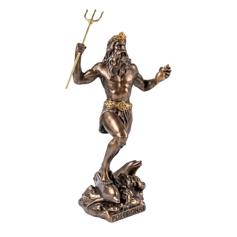 May include: Bronze statue of Poseidon, the Greek god of the sea, holding a trident and a seashell. The statue features intricate details, including a crown, beard, and a belt. It stands on a base with dolphins and the inscription "POSEIDONAS".