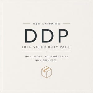K&ouml;nnte beinhalten: Eine quadratische Grafik mit hellbeigem Hintergrund, die den Text USA SHIPPING, DDP (DELIVERED DUTY PAID), NO CUSTOMS. NO IMPORT TAXES. NO HIDDEN FEES enth&auml;lt. Unter dem Text befindet sich ein einfaches Liniensymbol eines Versandkartons.