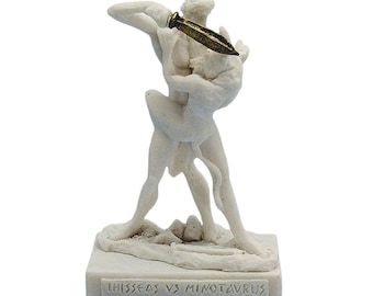 Estatua de Teseo contra el Minotauro, escultura de alabastro blanco de la mitología griega