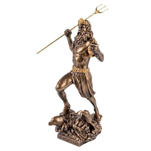 May include: Bronze statue of Poseidon, the Greek god of the sea, holding a trident and a small vessel. The statue features a crown, beard, and a decorative belt. The base of the statue has the word "Poseidonas" inscribed. Dolphins are at the base.