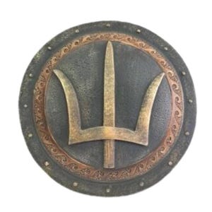 May include: A round, decorative shield with a bronze trident design. The shield is made of wood and has a dark brown finish. The trident is gold in color and has a raised design.