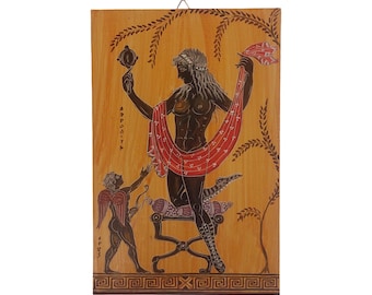 May include: A rectangular wooden panel with a classical Greek painting. The artwork shows a dark-skinned figure holding a mirror and a red cloth, with an angel figure and a decorative chair. The background is a warm yellow with brown accents.