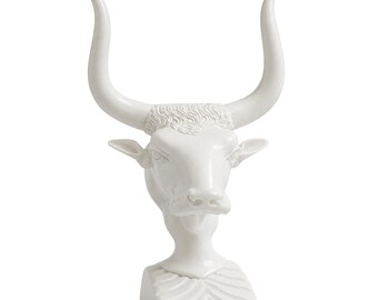 Cretan Bull Bust Alabaster Statue Ancient Greece Roman Mythology Sculpture Animal Figurine Art